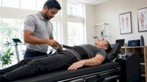 Therapist assisting patient with spinal decompression