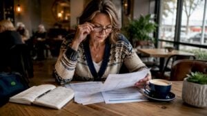 Woman reviewing biomarker test reports at home