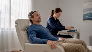 Patient undergoing neurofeedback session in clinic