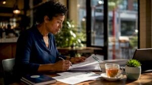 Woman reviewing staged return-to-work plan at desk