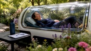 Woman inside hyperbaric oxygen therapy chamber