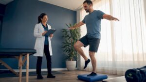 Functional neurologist observing patient balance test