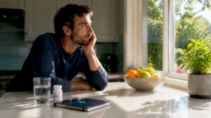 Man managing headache at home