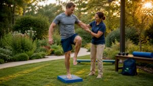 Therapist assisting patient with balance exercise