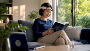 Woman undergoing laser therapy at home desk