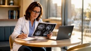 Neurologist reviewing PTSD brain scan printout
