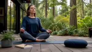 Woman practicing mindful breathing on yoga mat