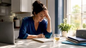 Young woman experiencing mental fatigue at desk
