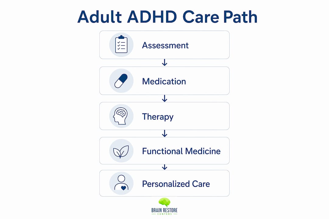 Infographic illustrating adult ADHD care path stages