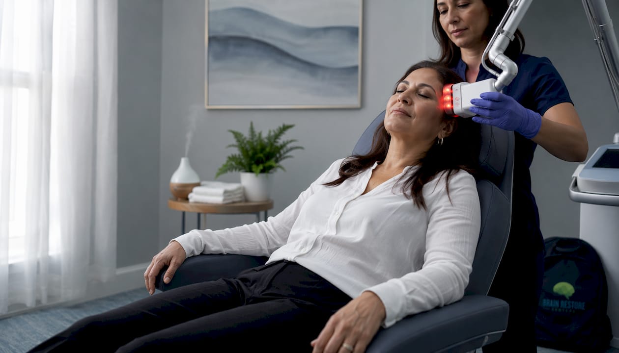 Woman receiving photobiomodulation brain therapy