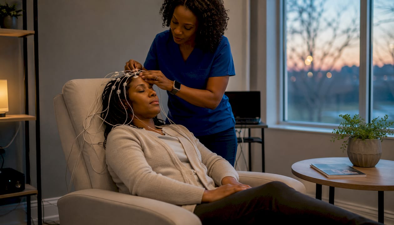 Clinician adjusting neurofeedback sensors on patient