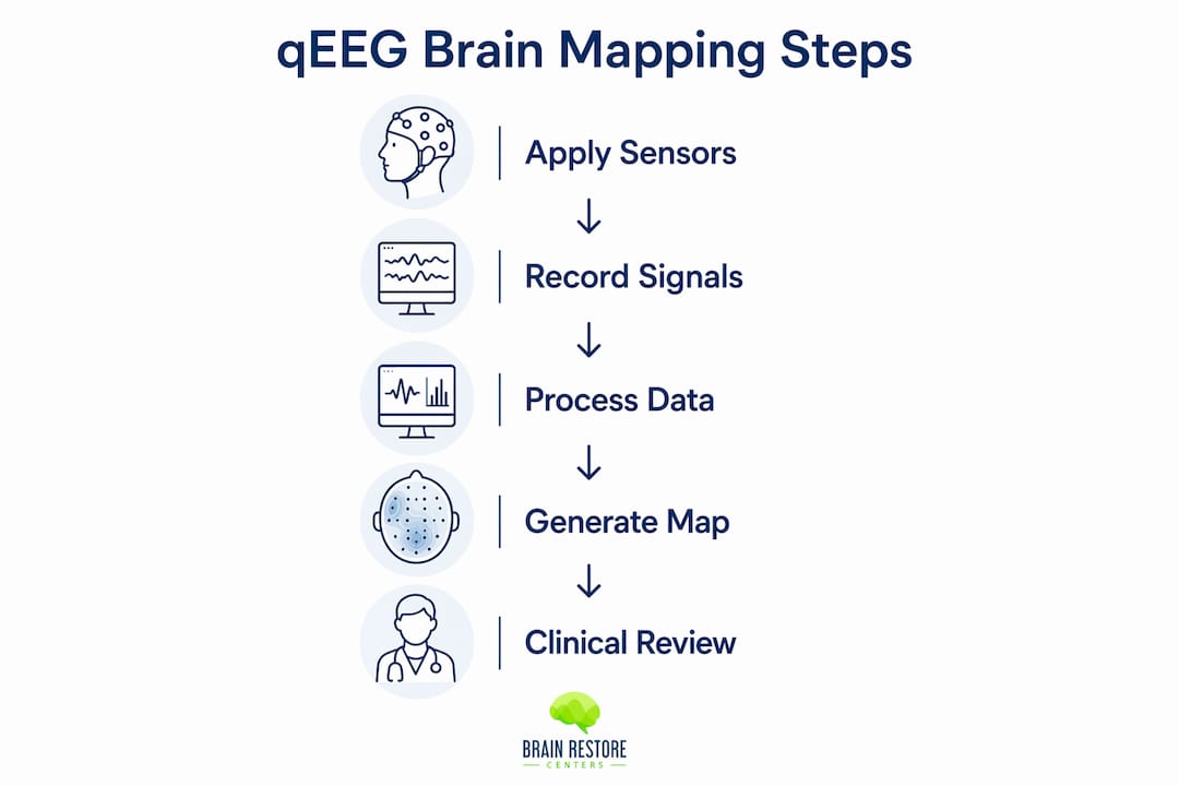 Infographic illustrating steps of qEEG brain mapping process