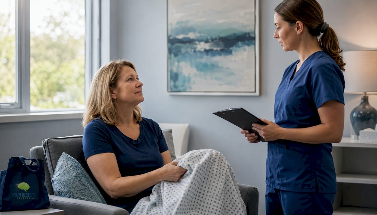 Patient and nurse in brain scan prep room