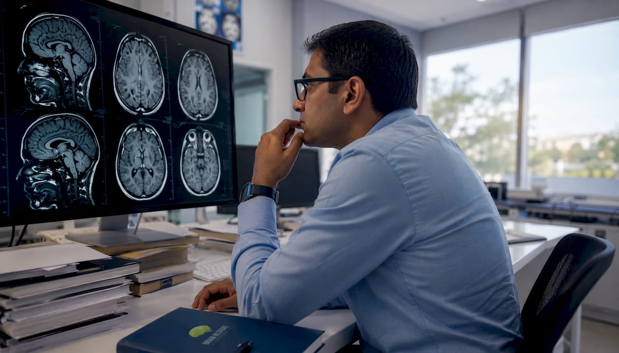 Radiologist reviewing brain MRI images at workstation