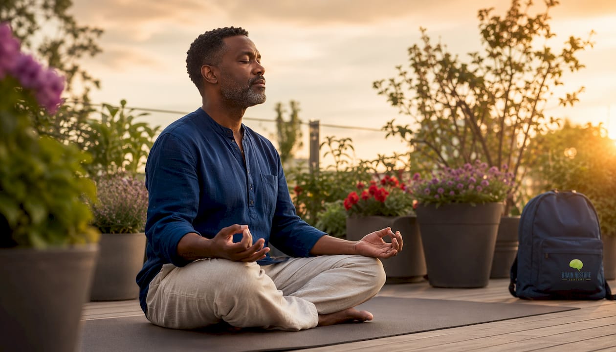 Man meditating at home to improve focus