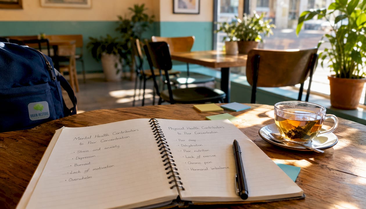 Overhead view of notebook with health notes