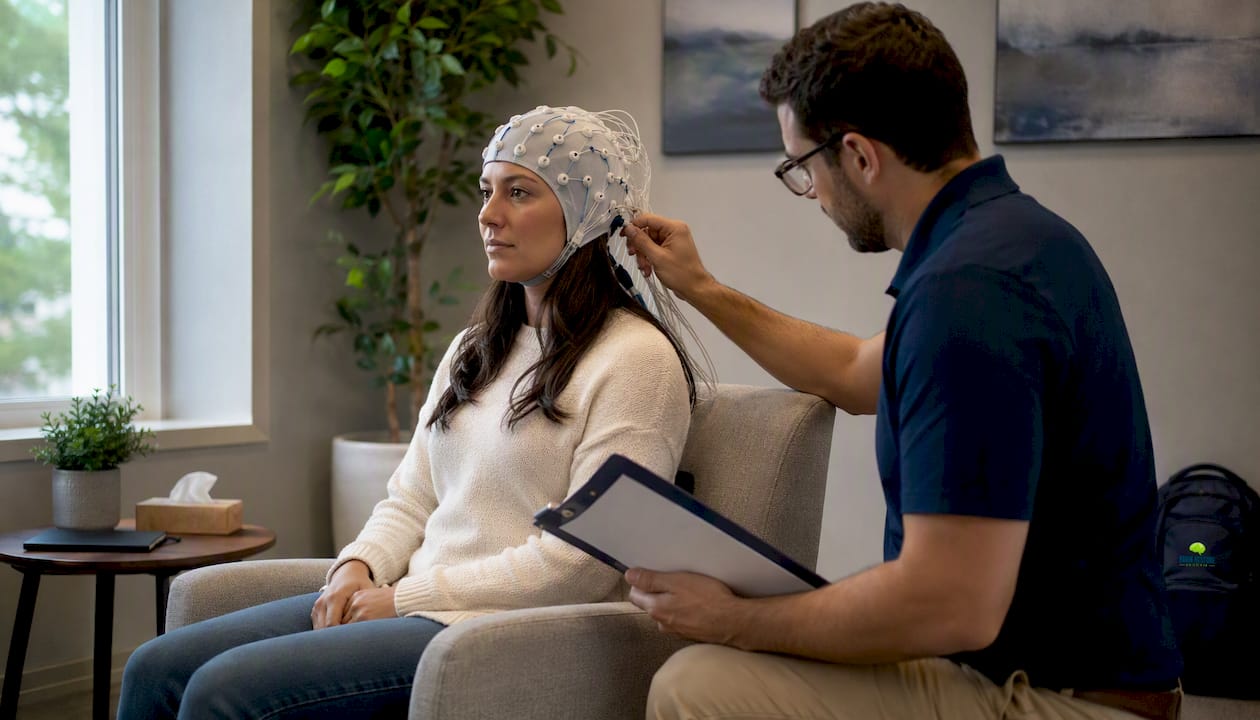 Young woman undergoing qEEG brain mapping