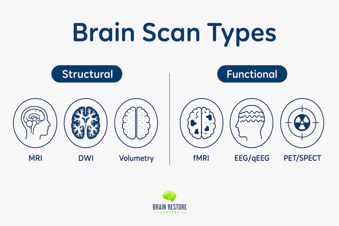 Infographic showing brain scan types for anxiety