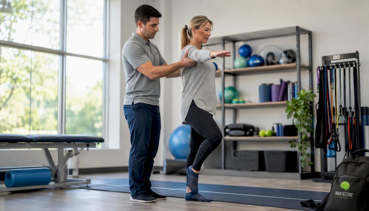 Physical therapist assessing patient balance