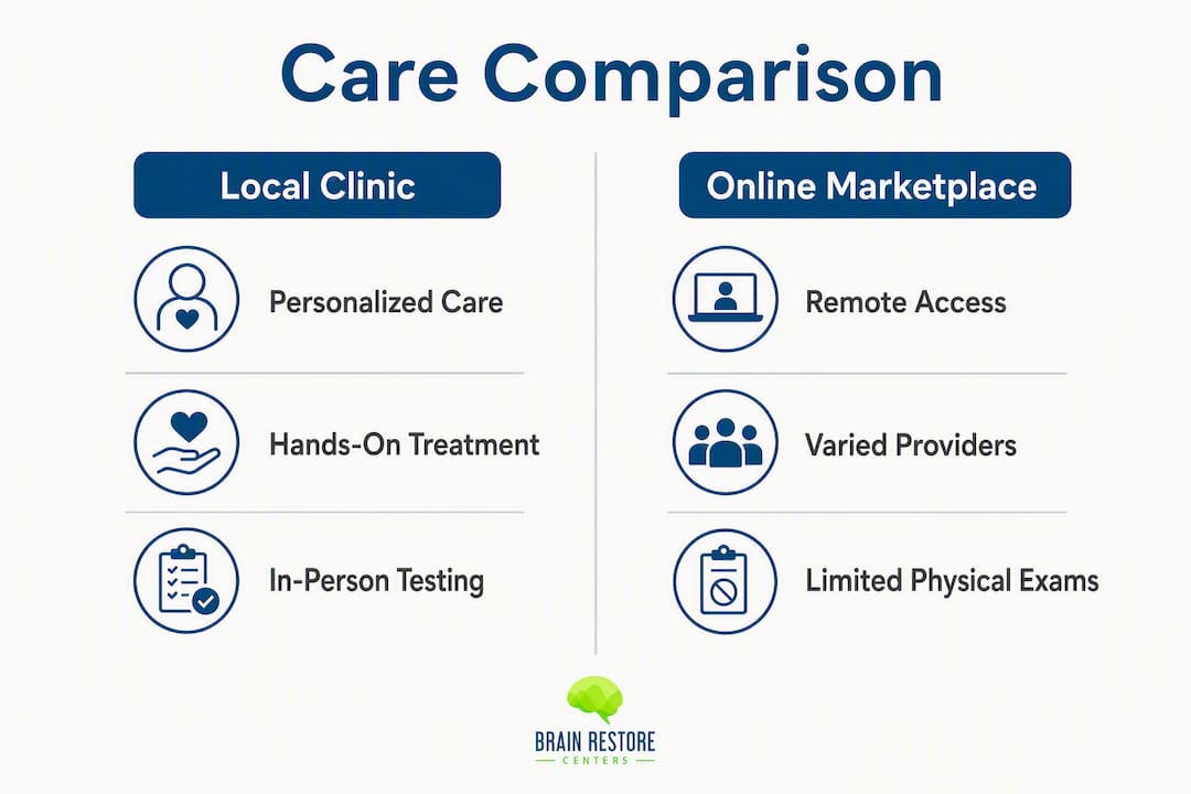 Infographic comparing local clinics and online marketplaces