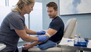 Technician preparing blood draw for biomarker testing