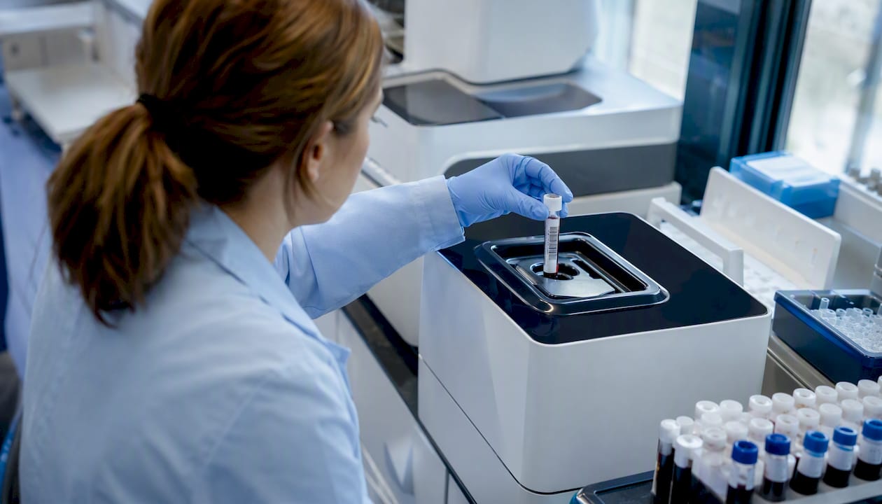 Hands placing genetic sample in sequencer