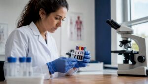 Clinician handling thyroid function test tubes