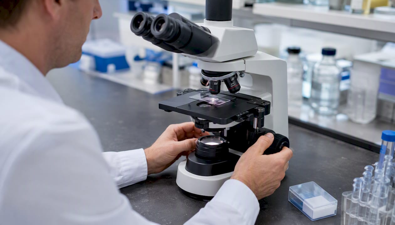Scientist examining brain tissue slide