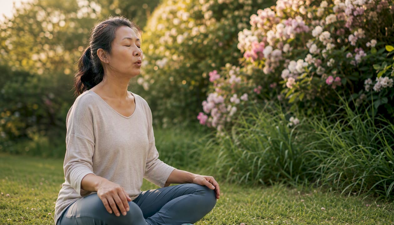 Person practicing breathwork on park bench