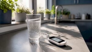 Ketone meter and water glass on kitchen counter