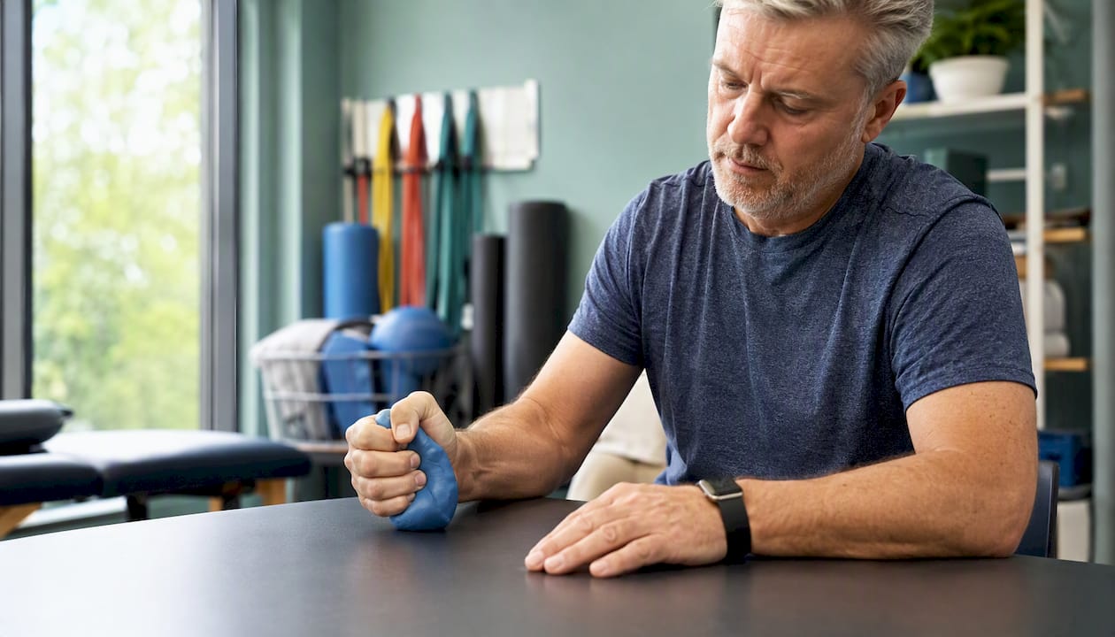Hands squeezing therapy putty in rehab session