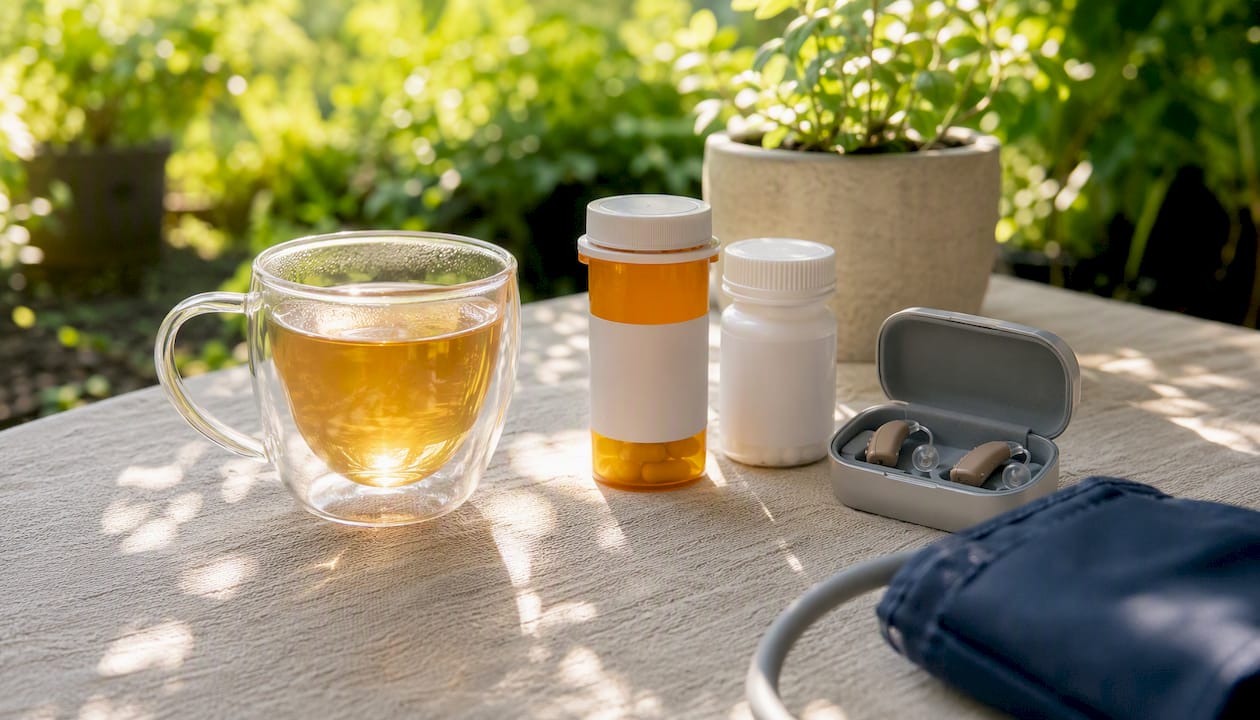 Table with brain health related accessories and medicines