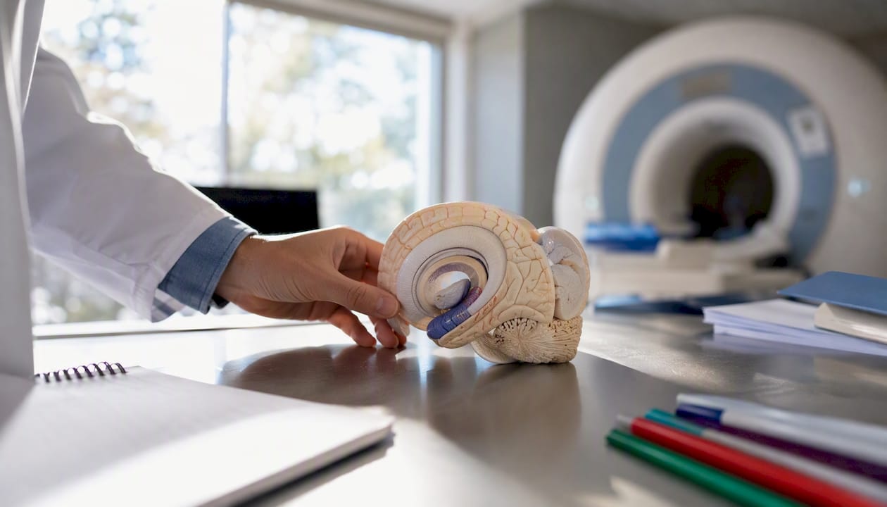 Hippocampus brain model with scientist's hand