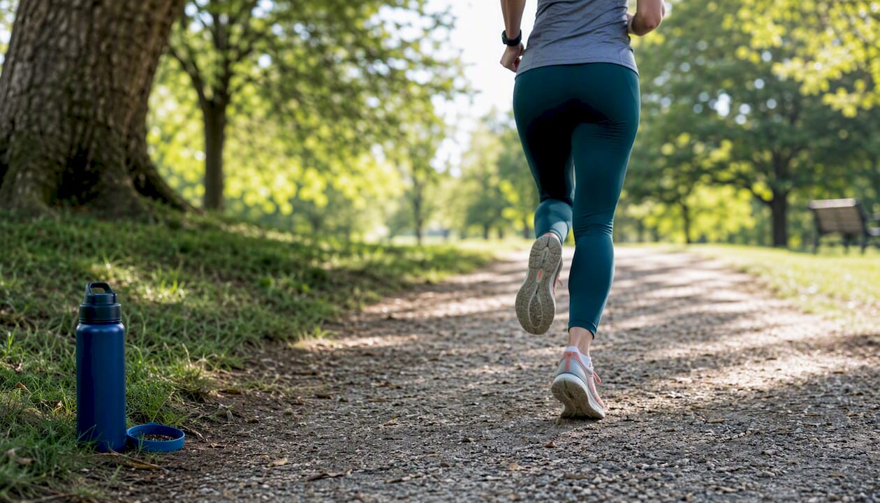 Close-up of running legs on outdoor trail