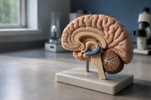 Close-up of brain model highlighting hippocampus
