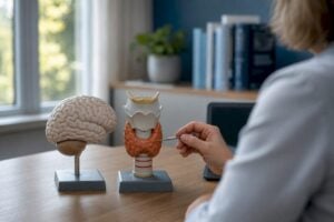 Anatomical thyroid and brain models on desk