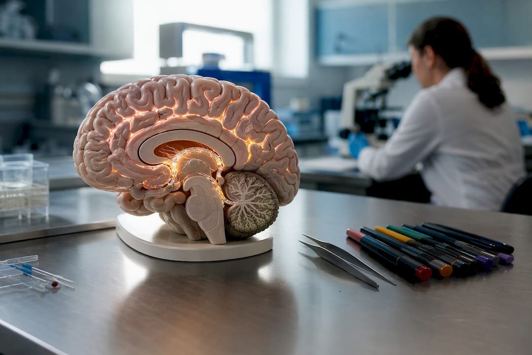 Detailed brain model highlighting metabolism