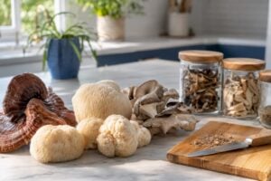 Fresh medicinal mushrooms laid out naturally
