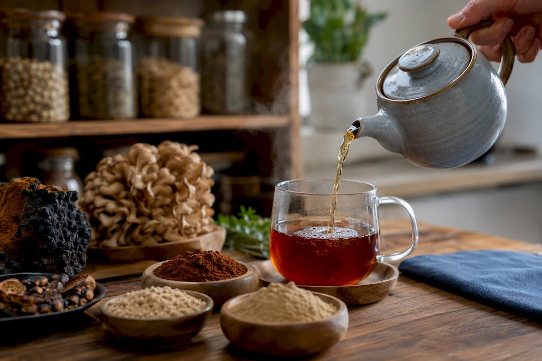 Pouring mushroom herbal tea with powders and mushroom slices