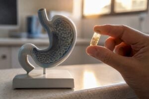 Probiotic capsule near stomach model