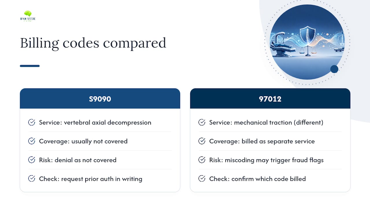 Diagram comparing spinal decompression billing codes and coverage