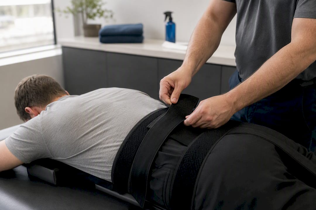 Therapist adjusting spinal decompression straps on patient