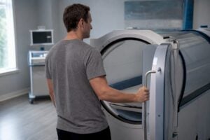 Patient entering hyperbaric oxygen chamber