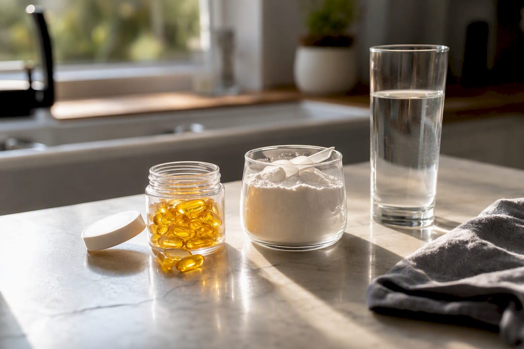 Omega-3 capsules and creatine powder on table