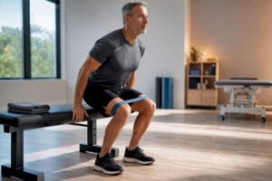 Adult performing controlled knee strengthening exercise