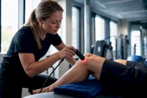 Clinician applying laser therapy to knee
