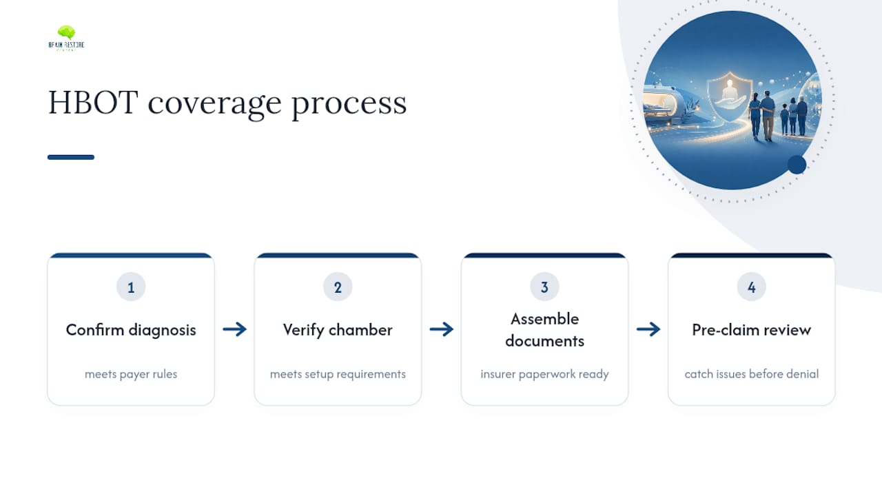 How Brainrestoremeridian Helps Patients Navigate HBOT Coverage — overview diagram