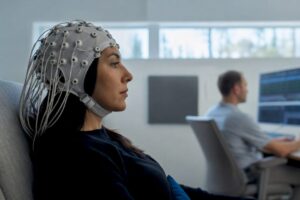 Patient wearing EEG cap during qEEG recording