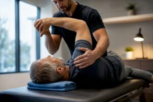 Clinician guiding gentle shoulder mobility therapy