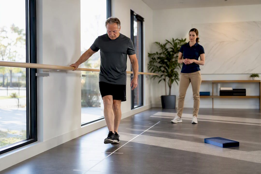 Patient practicing supervised balance exercise